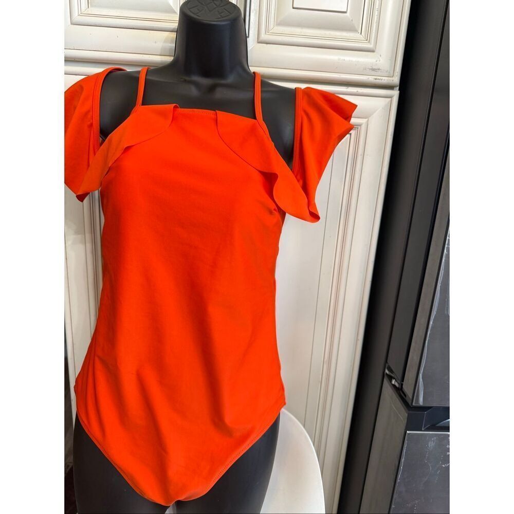 Old Navy Women's Cold Shoulder Ruffle Open Back One-Piece Swimsuit Orange Medium